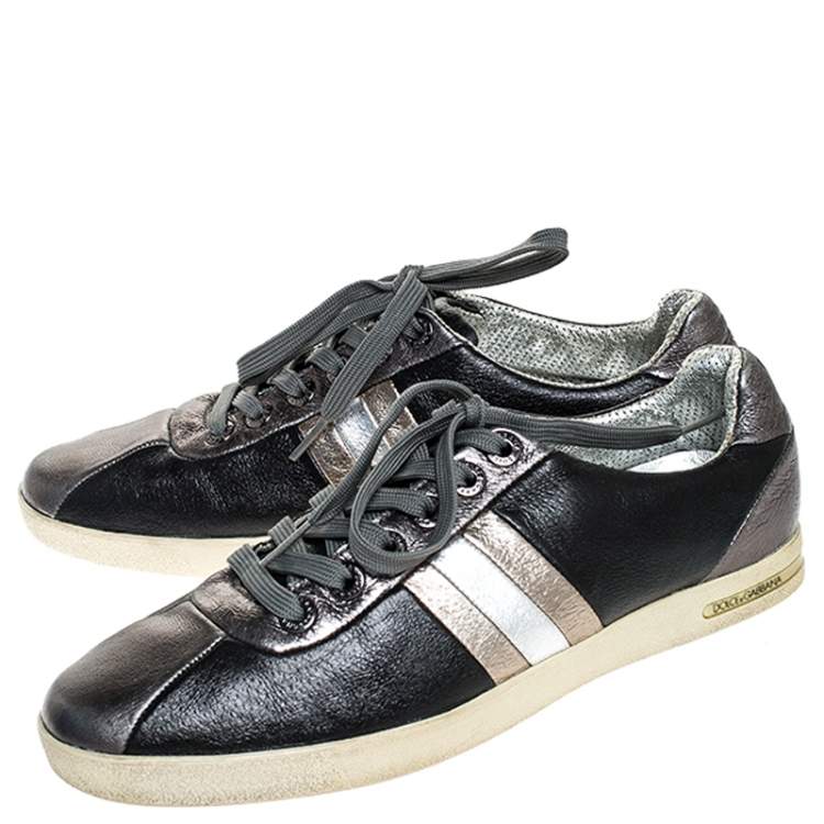Pre Owned Dolce & Gabbana Metallic Black/Grey Leather Striped Lace Up Sneakers Size 40