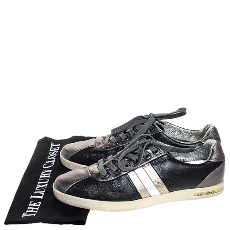 Pre Owned Dolce & Gabbana Metallic Black/Grey Leather Striped Lace Up Sneakers Size 40