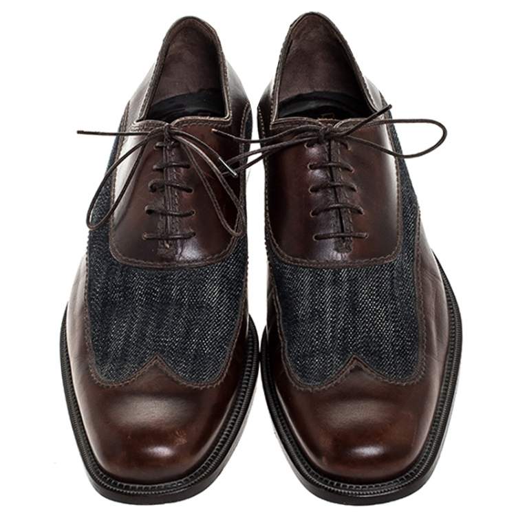 Pre Owned Dolce & Gabbana Blue Denim And Brown Leather Wingtip Lace Up Oxford Size 40.5