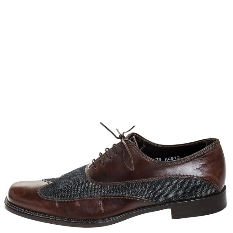Pre Owned Dolce & Gabbana Blue Denim And Brown Leather Wingtip Lace Up Oxford Size 40.5