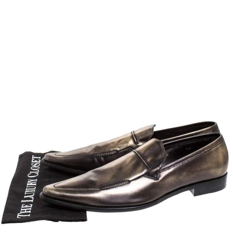Pre Owned Dolce & Gabbana Metallic Two Tone Leather Slip On Loafers Size 44.5