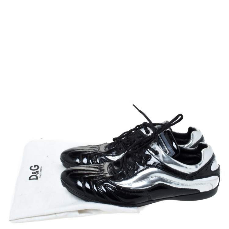 Pre Owned Dolce & Gabbana Metallic Silver/Black Patent Leather Lace Up Low Top Sneakers Size 44