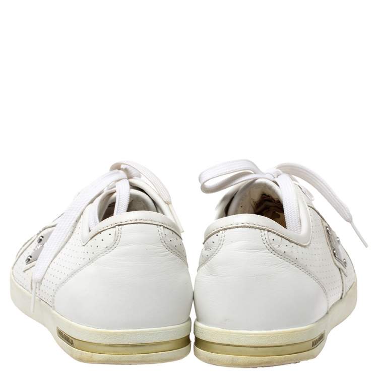 Pre Owned Dolce & Gabbana White Perforated Leather Logo Plaque Low Top Sneakers Size 44