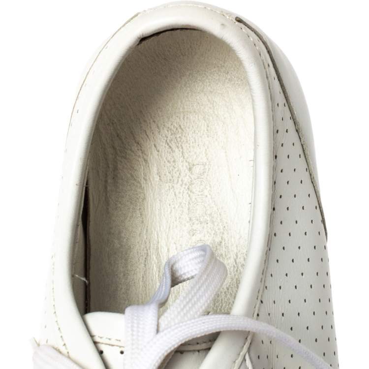 Pre Owned Dolce & Gabbana White Perforated Leather Logo Plaque Low Top Sneakers Size 44