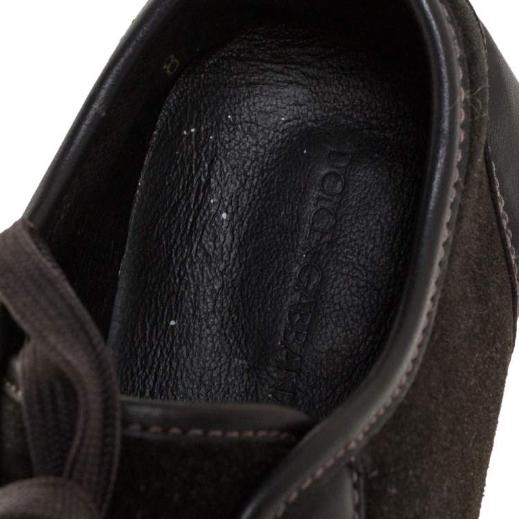 Pre Owned Dolce & Gabbana Grey Leather And Green Suede Logo Plaque Low Top Sneakers Size 42
