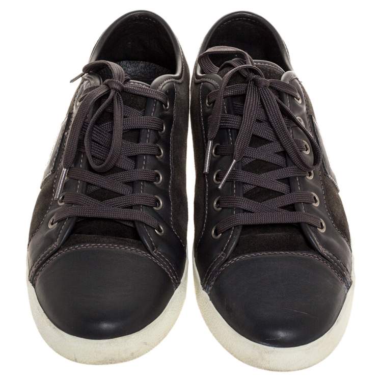 Pre Owned Dolce & Gabbana Grey Leather And Green Suede Logo Plaque Low Top Sneakers Size 42