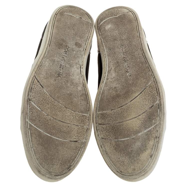 Pre Owned Dolce & Gabbana Grey Leather And Green Suede Logo Plaque Low Top Sneakers Size 42