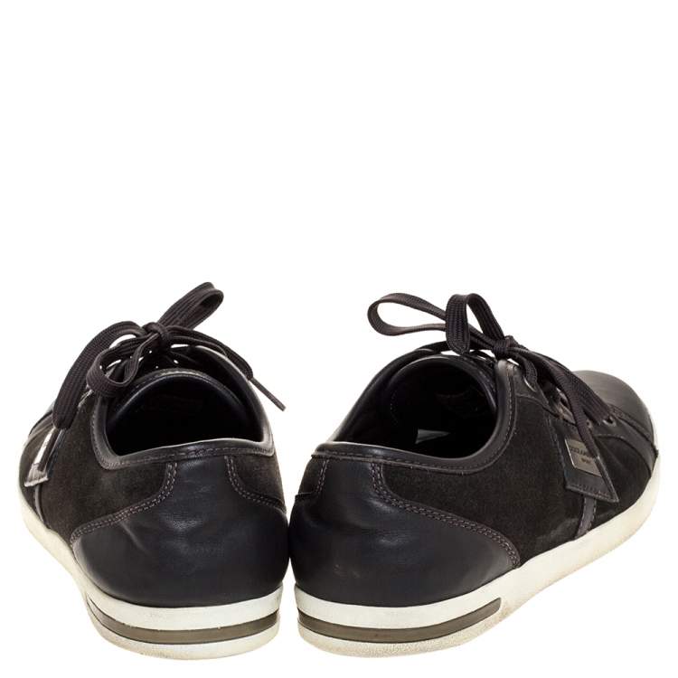 Pre Owned Dolce & Gabbana Grey Leather And Green Suede Logo Plaque Low Top Sneakers Size 42