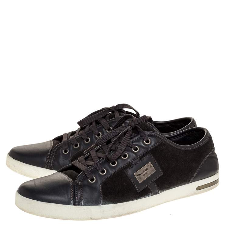 Pre Owned Dolce & Gabbana Grey Leather And Green Suede Logo Plaque Low Top Sneakers Size 42