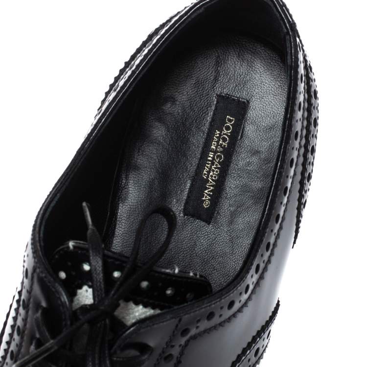 Pre Owned Dolce & Gabbana Black Brogue Leather Crystal Embellished Wool and Leather Oxfords Size 41