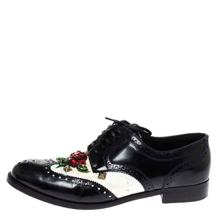 Pre Owned Dolce & Gabbana Black Brogue Leather Crystal Embellished Wool and Leather Oxfords Size 41