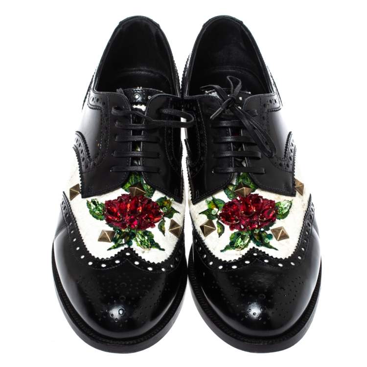 Pre Owned Dolce & Gabbana Black Brogue Leather Crystal Embellished Wool and Leather Oxfords Size 41
