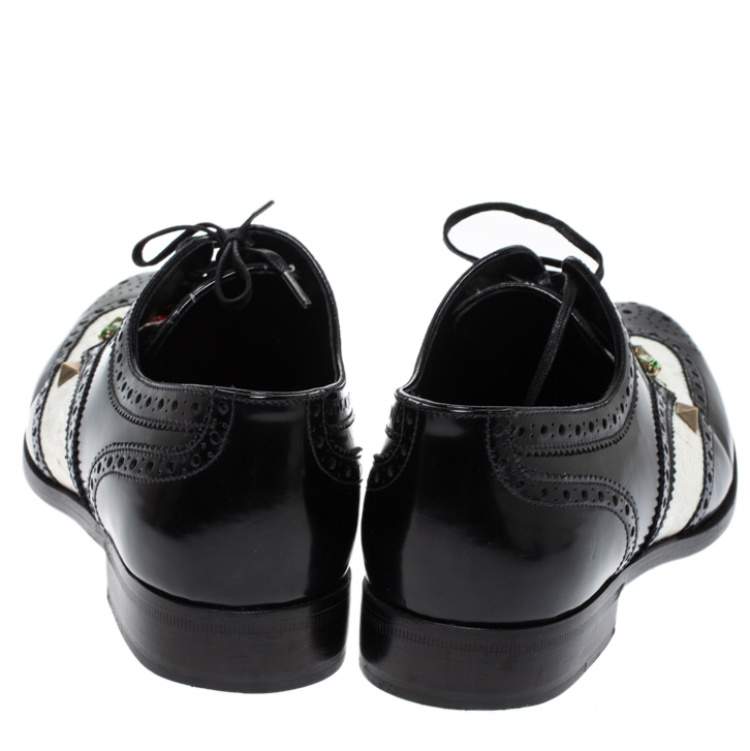 Pre Owned Dolce & Gabbana Black Brogue Leather Crystal Embellished Wool and Leather Oxfords Size 41