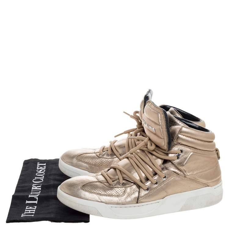 Pre Owned Dolce & Gabbana Metallic Gold Leather Flag High Top Sneakers Size 43