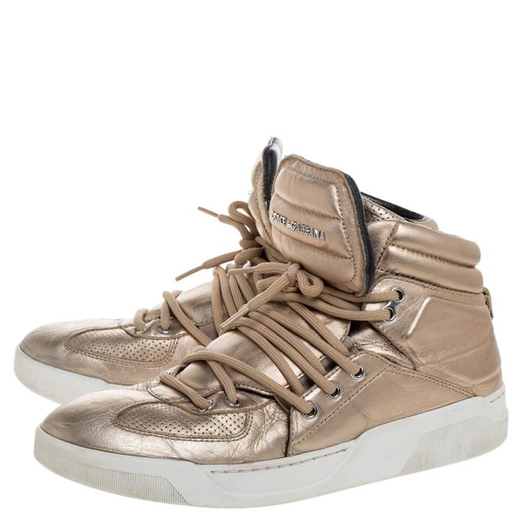 Pre Owned Dolce & Gabbana Metallic Gold Leather Flag High Top Sneakers Size 43