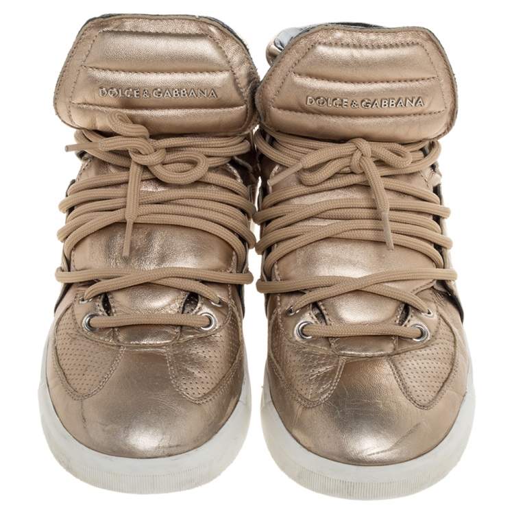 Pre Owned Dolce & Gabbana Metallic Gold Leather Flag High Top Sneakers Size 43