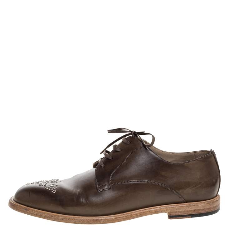 Pre Owned Dolce & Gabbana Olive Green Leather Studded Lace Up Derby Size 44