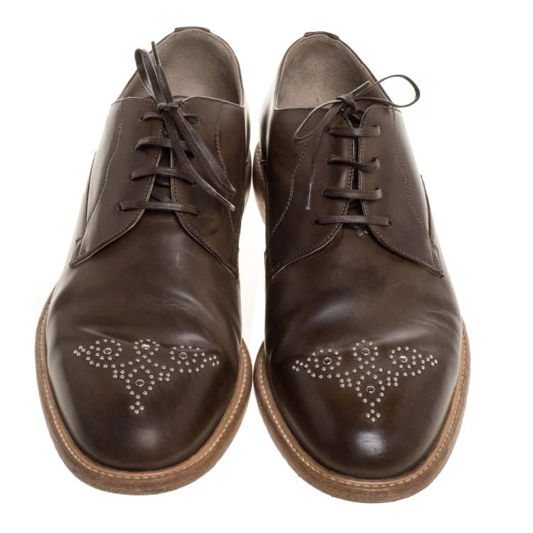 Pre Owned Dolce & Gabbana Olive Green Leather Studded Lace Up Derby Size 44