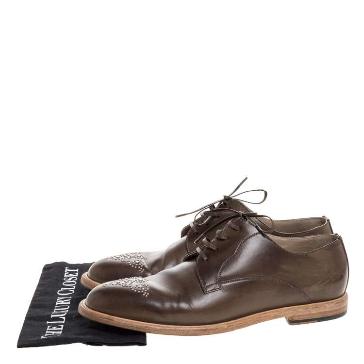Pre Owned Dolce & Gabbana Olive Green Leather Studded Lace Up Derby Size 44