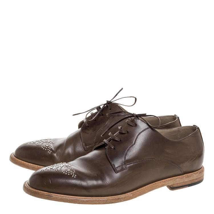 Pre Owned Dolce & Gabbana Olive Green Leather Studded Lace Up Derby Size 44