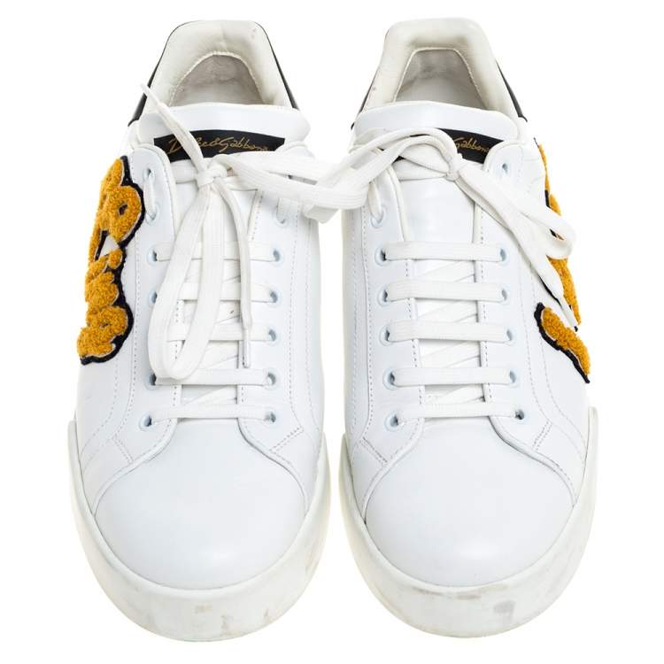 Pre Owned Dolce & Gabbana White/Black King Patch Leather Portofino Low Top Sneakers Size 44