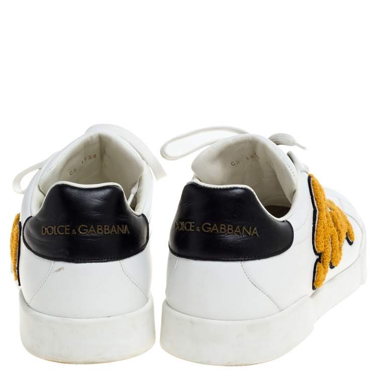Pre Owned Dolce & Gabbana White/Black King Patch Leather Portofino Low Top Sneakers Size 44