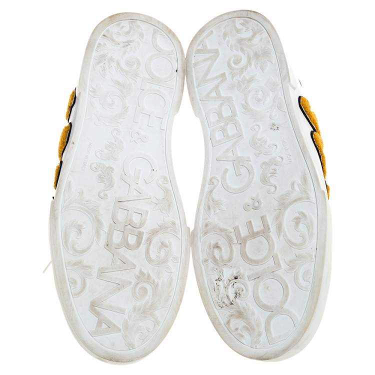 Pre Owned Dolce & Gabbana White/Black King Patch Leather Portofino Low Top Sneakers Size 44
