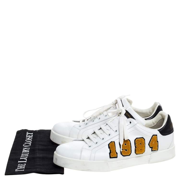 Pre Owned Dolce & Gabbana White/Black King Patch Leather Portofino Low Top Sneakers Size 44