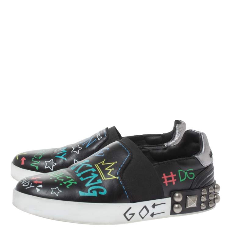 Pre Owned Dolce & Gabbana Black Leather Portofino Embellished Low Top Sneakers Size 40 