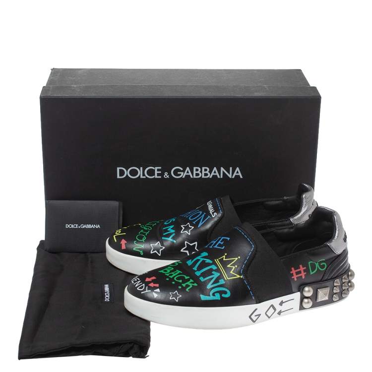 Pre Owned Dolce & Gabbana Black Leather Portofino Embellished Low Top Sneakers Size 40 
