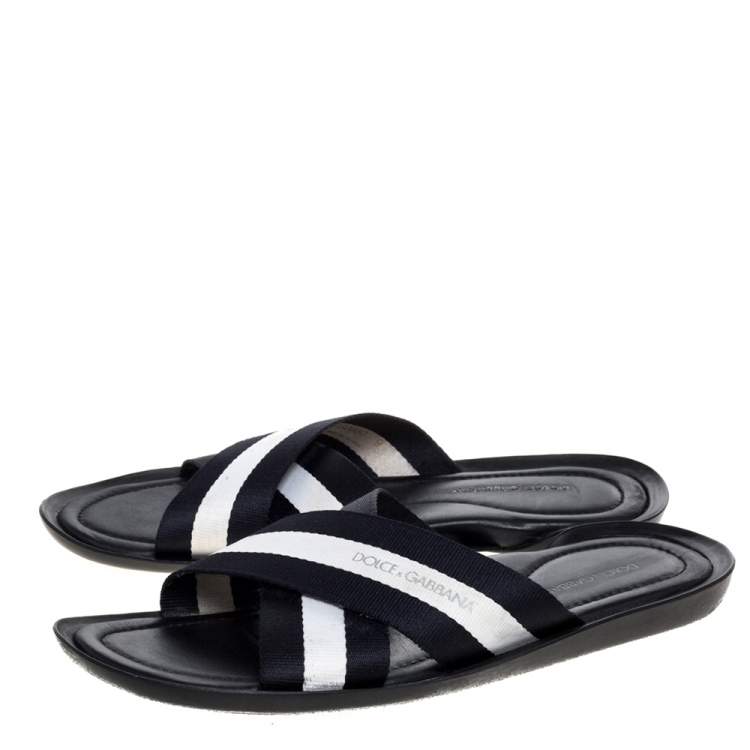 Pre Owned Dolce & Gabbana Black/White Canvas Cross Strap Flat Slides Size 43