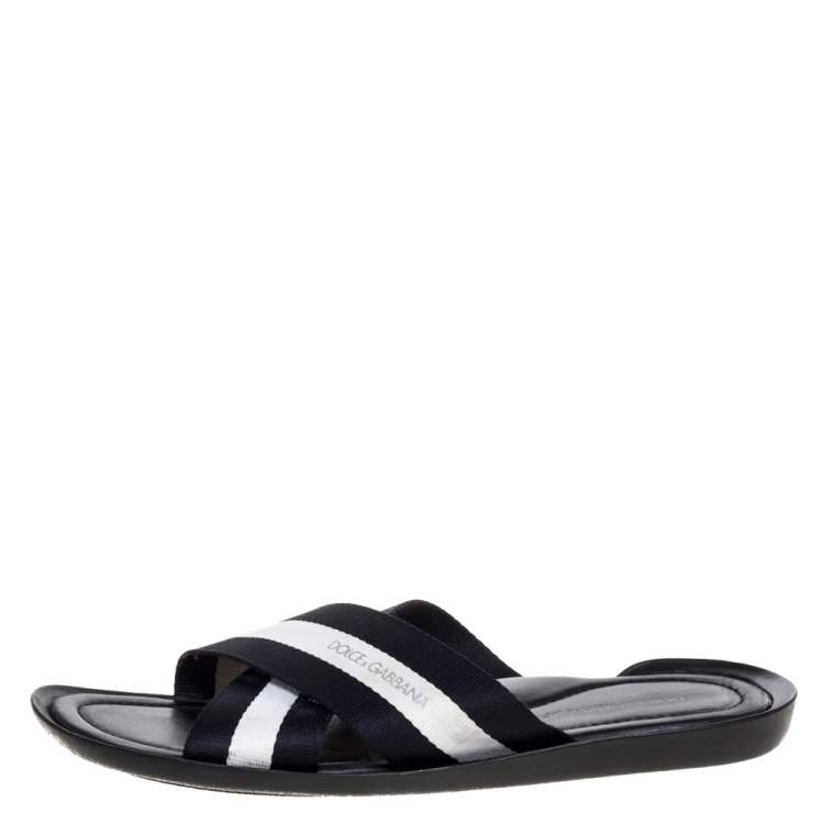 Pre Owned Dolce & Gabbana Black/White Canvas Cross Strap Flat Slides Size 43