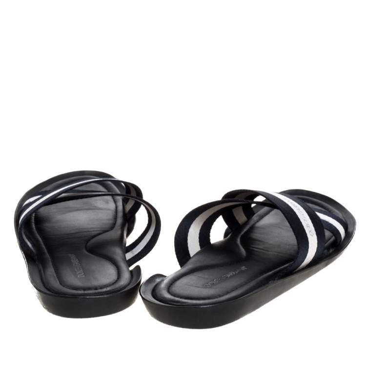 Pre Owned Dolce & Gabbana Black/White Canvas Cross Strap Flat Slides Size 43