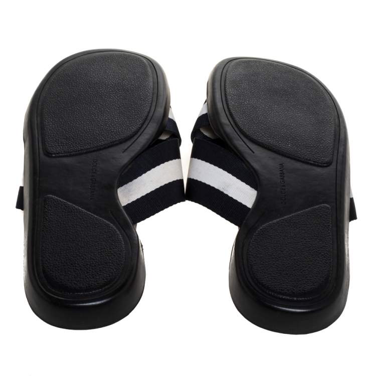 Pre Owned Dolce & Gabbana Black/White Canvas Cross Strap Flat Slides Size 43