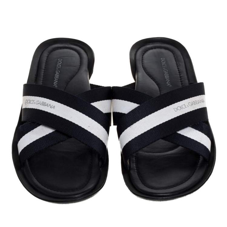 Pre Owned Dolce & Gabbana Black/White Canvas Cross Strap Flat Slides Size 43