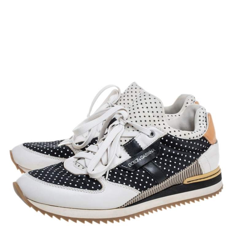 Pre Owned Dolce & Gabbana Black/White Fabric and Leather Polka Dot Lace Sneakers Size 42