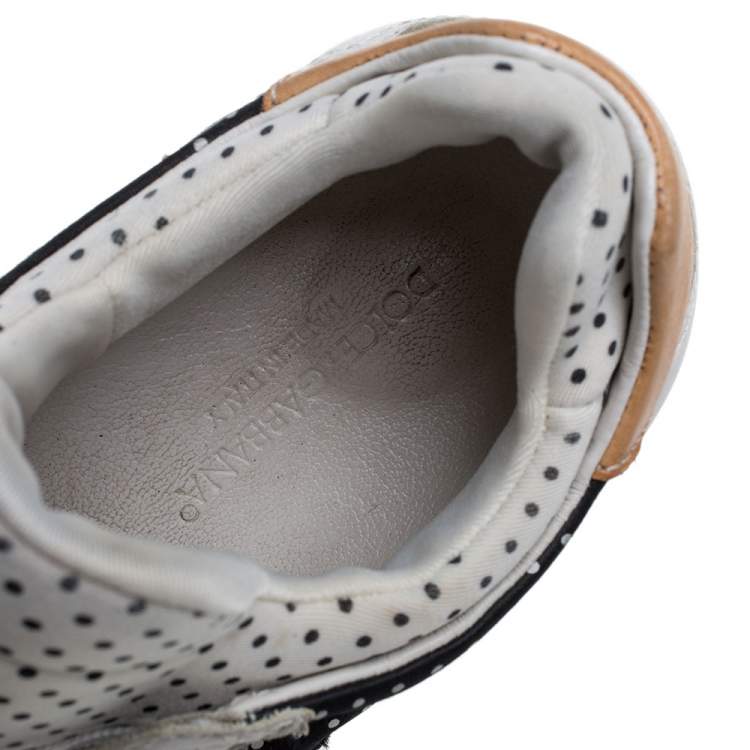 Pre Owned Dolce & Gabbana Black/White Fabric and Leather Polka Dot Lace Sneakers Size 42