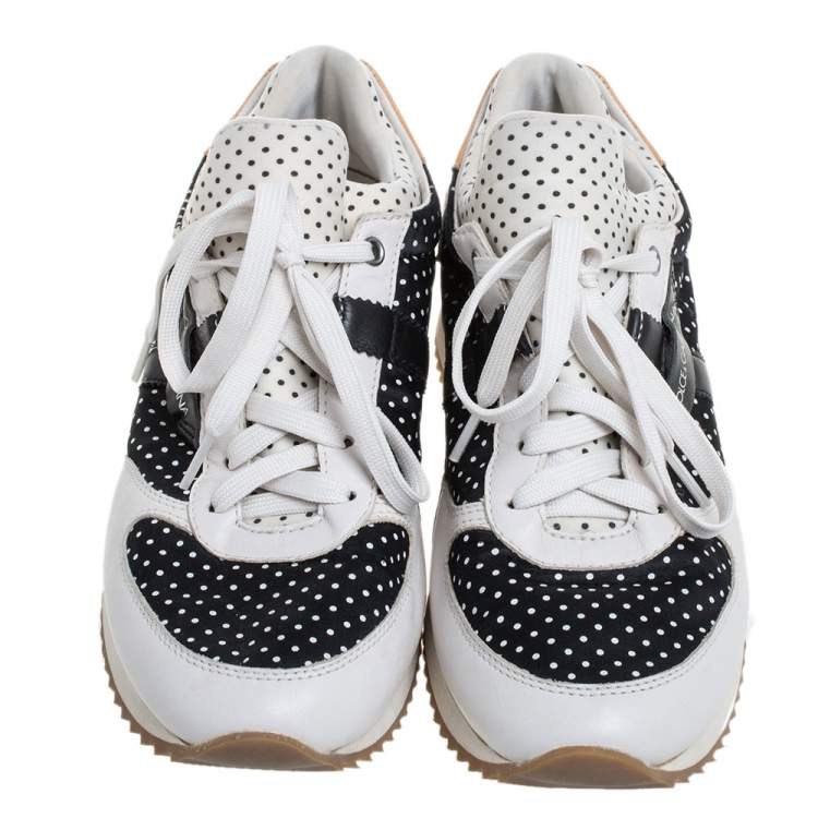 Pre Owned Dolce & Gabbana Black/White Fabric and Leather Polka Dot Lace Sneakers Size 42
