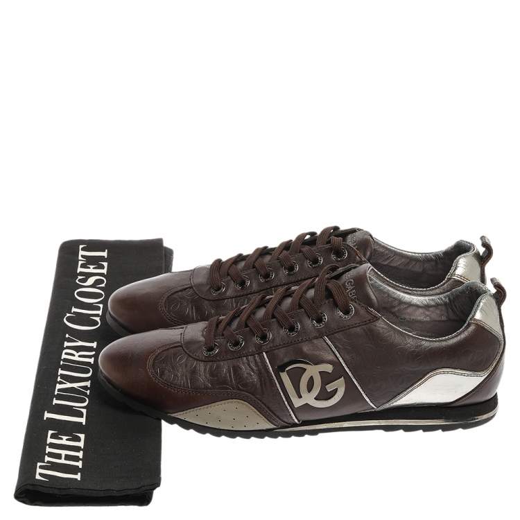 Pre Owned Dolce & Gabbana Brown/Silver Leather Low Top Sneakers Size 42