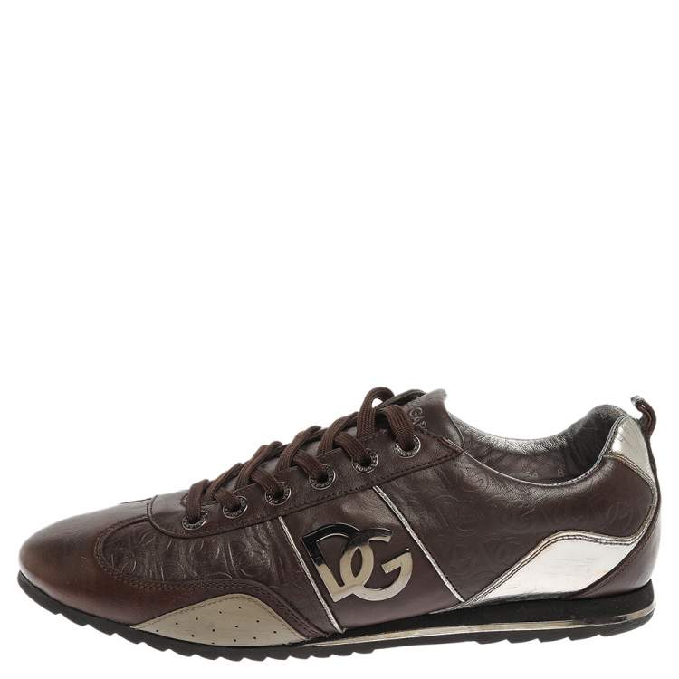 Pre Owned Dolce & Gabbana Brown/Silver Leather Low Top Sneakers Size 42