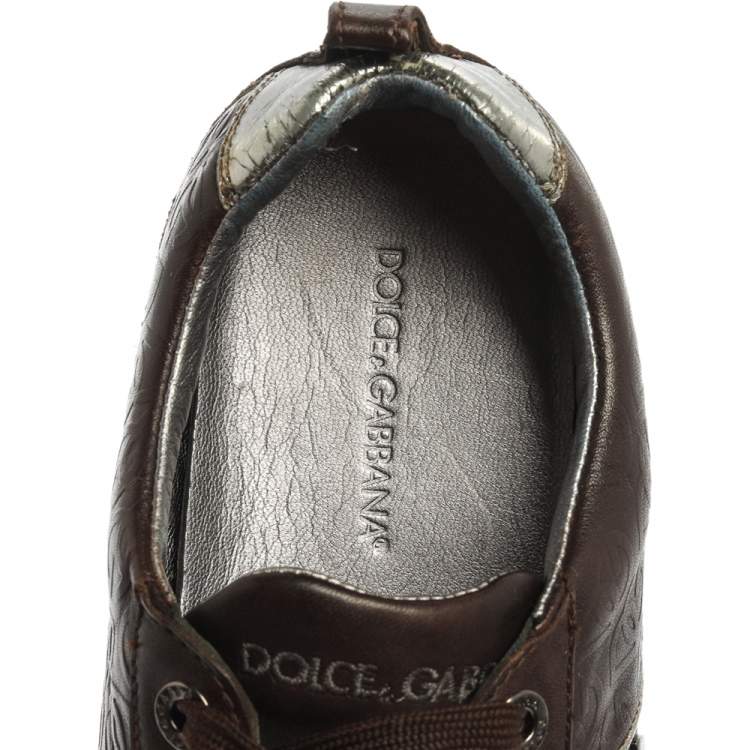 Pre Owned Dolce & Gabbana Brown/Silver Leather Low Top Sneakers Size 42