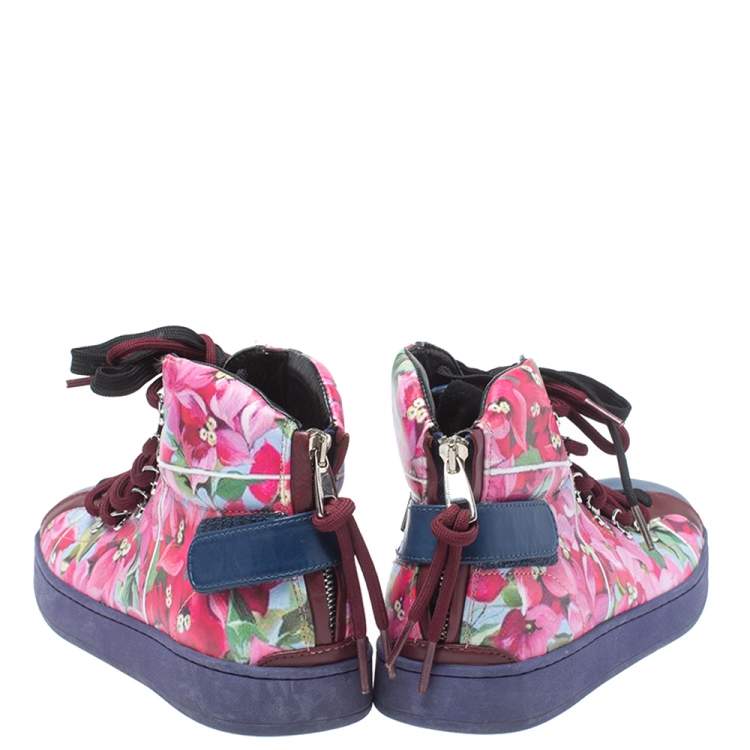 Pre Owned Dolce & Gabbana Blue/Pink Floral Print Leather High Top Sneakers Size 39.5