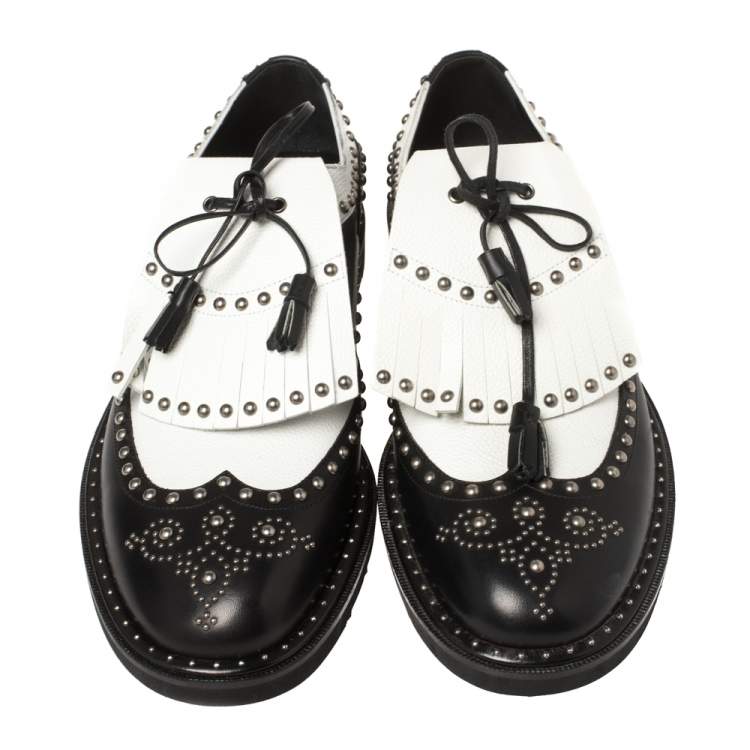 Pre Owned  Dolce & Gabbana Black/White Studded Leather Brogue Detail Fringe Oxfords Size 43