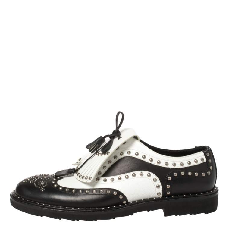 Dolce & Gabbana Black/White Studded Leather Brogue Detail Fringe Oxfords  Size 43 Dolce & Gabbana | TLC