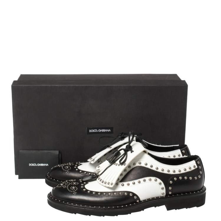 Pre Owned  Dolce & Gabbana Black/White Studded Leather Brogue Detail Fringe Oxfords Size 43