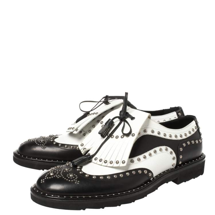 Pre Owned  Dolce & Gabbana Black/White Studded Leather Brogue Detail Fringe Oxfords Size 43