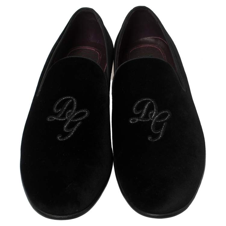 Pre Owned Dolce And Gabbana Black Velvet DG Logo Smoking Slippers Size 45