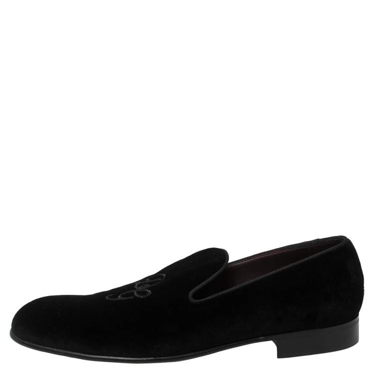 Pre Owned Dolce And Gabbana Black Velvet DG Logo Smoking Slippers Size 45