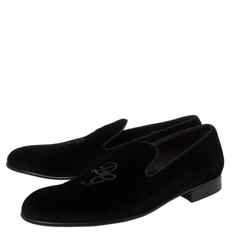 Pre Owned Dolce And Gabbana Black Velvet DG Logo Smoking Slippers Size 45