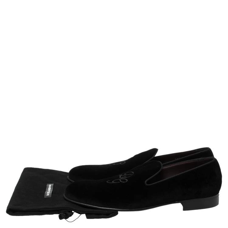 Pre Owned Dolce And Gabbana Black Velvet DG Logo Smoking Slippers Size 45